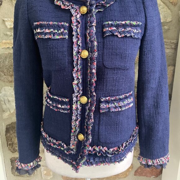 J Crew Lady Jacket Blazer Liberty London Floral Trim Tweed Navy Womens 0 - Picture 6 of 11